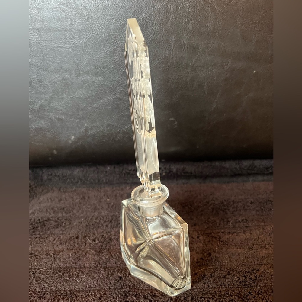 Vintage Czech Glass Perfume Bottle with Engraved Floral Design - Picture 2 of 14